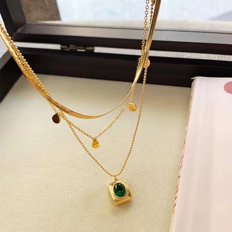 Triple Layer Gold Plated Titanium Steel Necklace with Teardrop Charms and Emerald Green Pendant