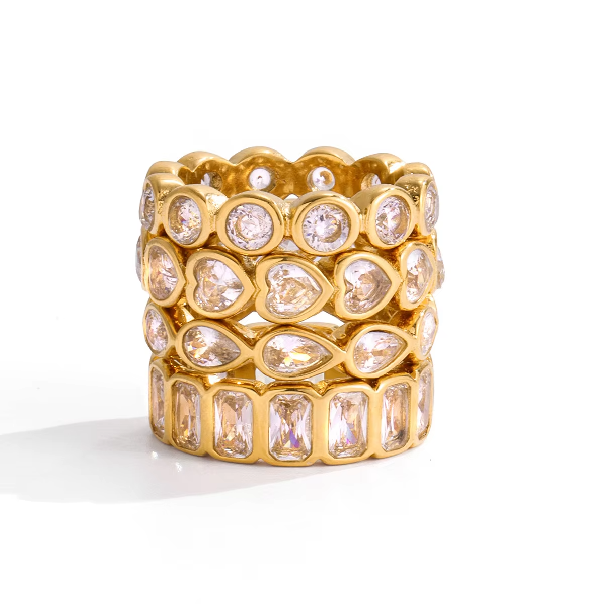 Waterproof 18K Gold Plated Stainless Steel Zirconia Ring Set – Fashion Sparkling Rings for Women