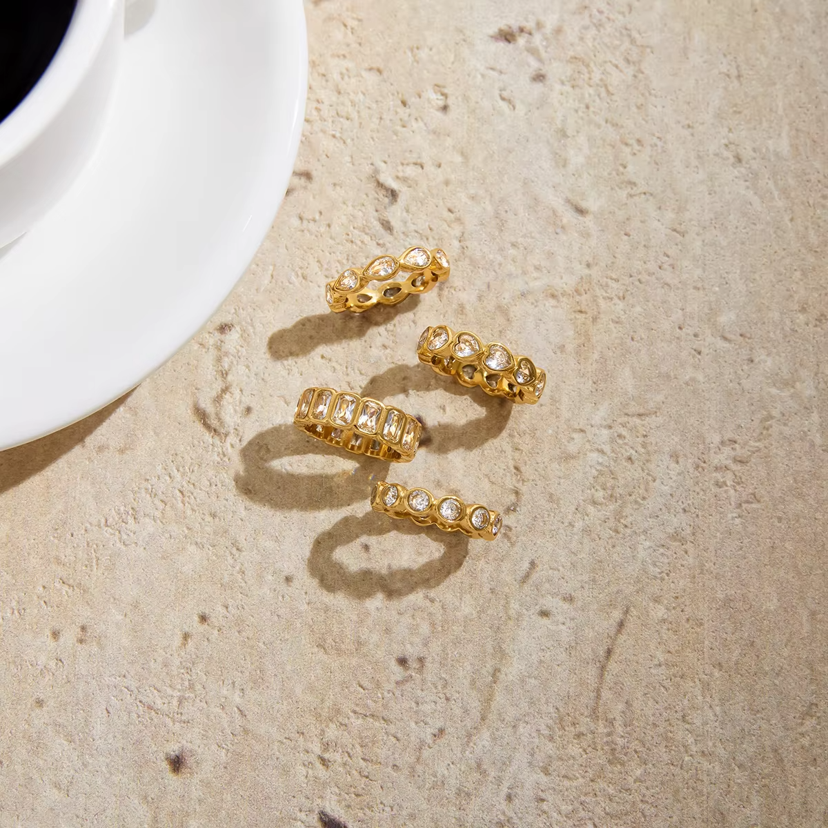 Waterproof 18K Gold Plated Stainless Steel Zirconia Ring Set – Fashion Sparkling Rings for Women