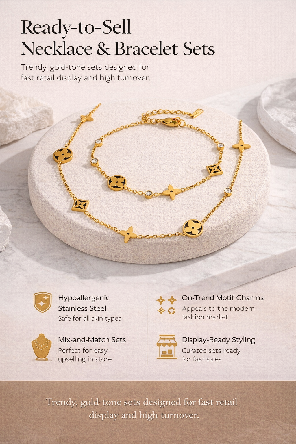 Gold Charm Stainless Steel Jewelry Sets for Women Necklace Bracelet Set Hypoallergenic Anti Tarnish Jewelry