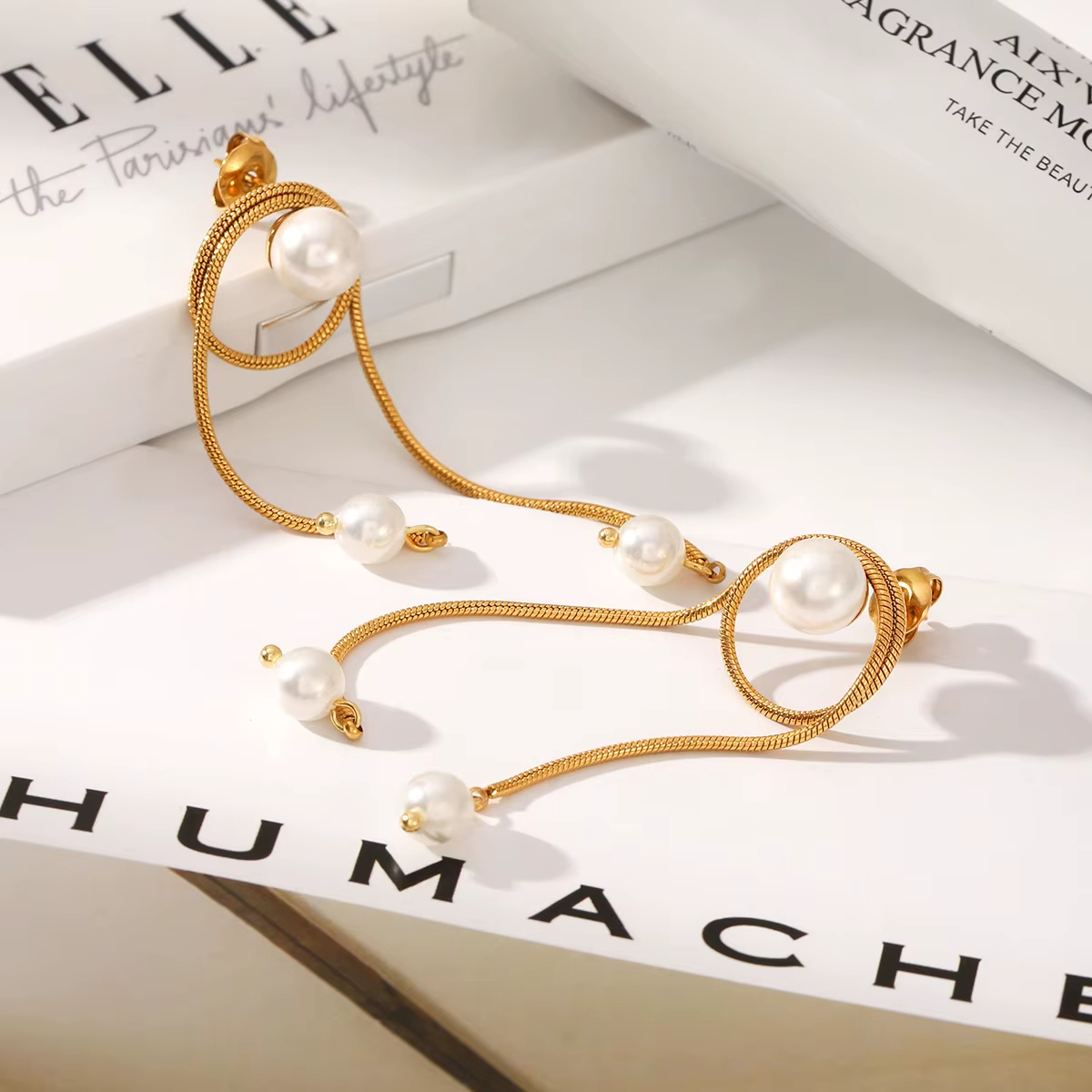 Waterproof Fashion 18K Hypoallergenic Stainless Steel Women's Earrings Imitation Shell Pearl Round Snake Chain Tassel Earrings