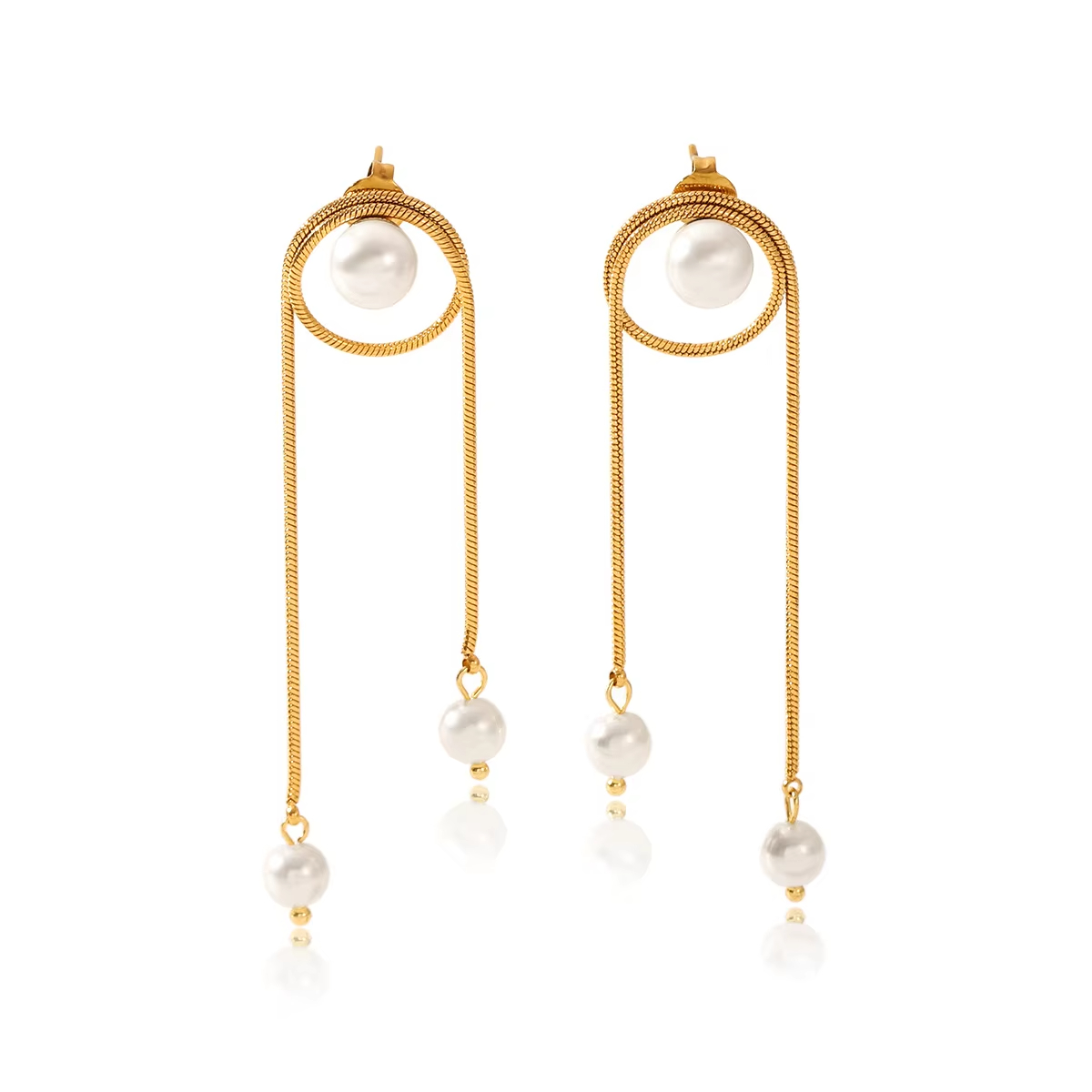 Waterproof Fashion 18K Hypoallergenic Stainless Steel Women's Earrings Imitation Shell Pearl Round Snake Chain Tassel Earrings
