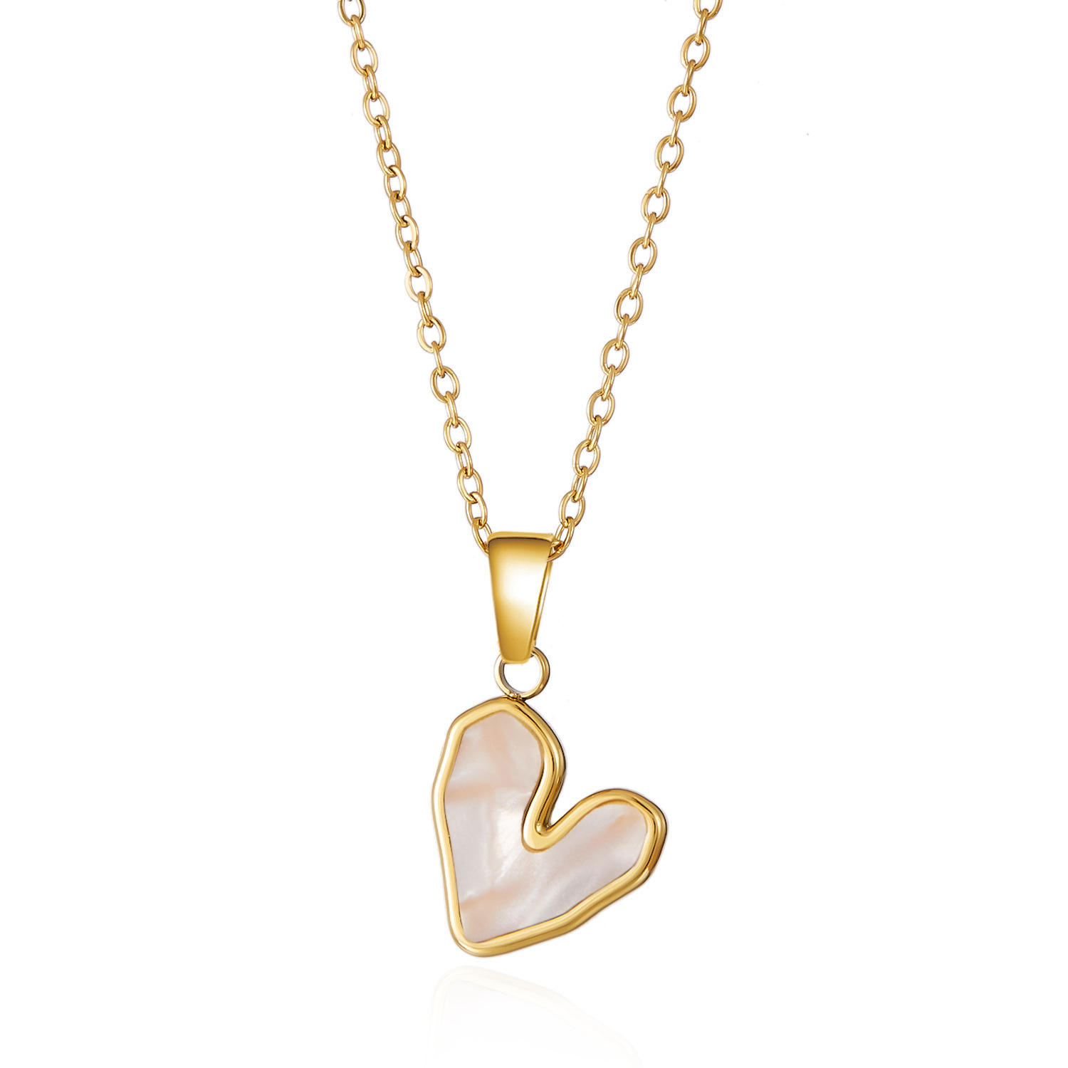 Waterproof Tarnish-Free Stainless Steel 18K Gold Heart Pendant Necklace with Faux Mother of Pearl