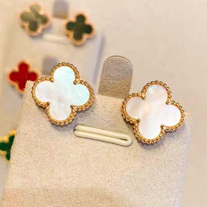 White Mother of Pearl Clover Stud Earrings for Women – Elegant Gold Beaded Frame Floral Jewelry, Ideal for Weddings, Gifts, and Daily Wear