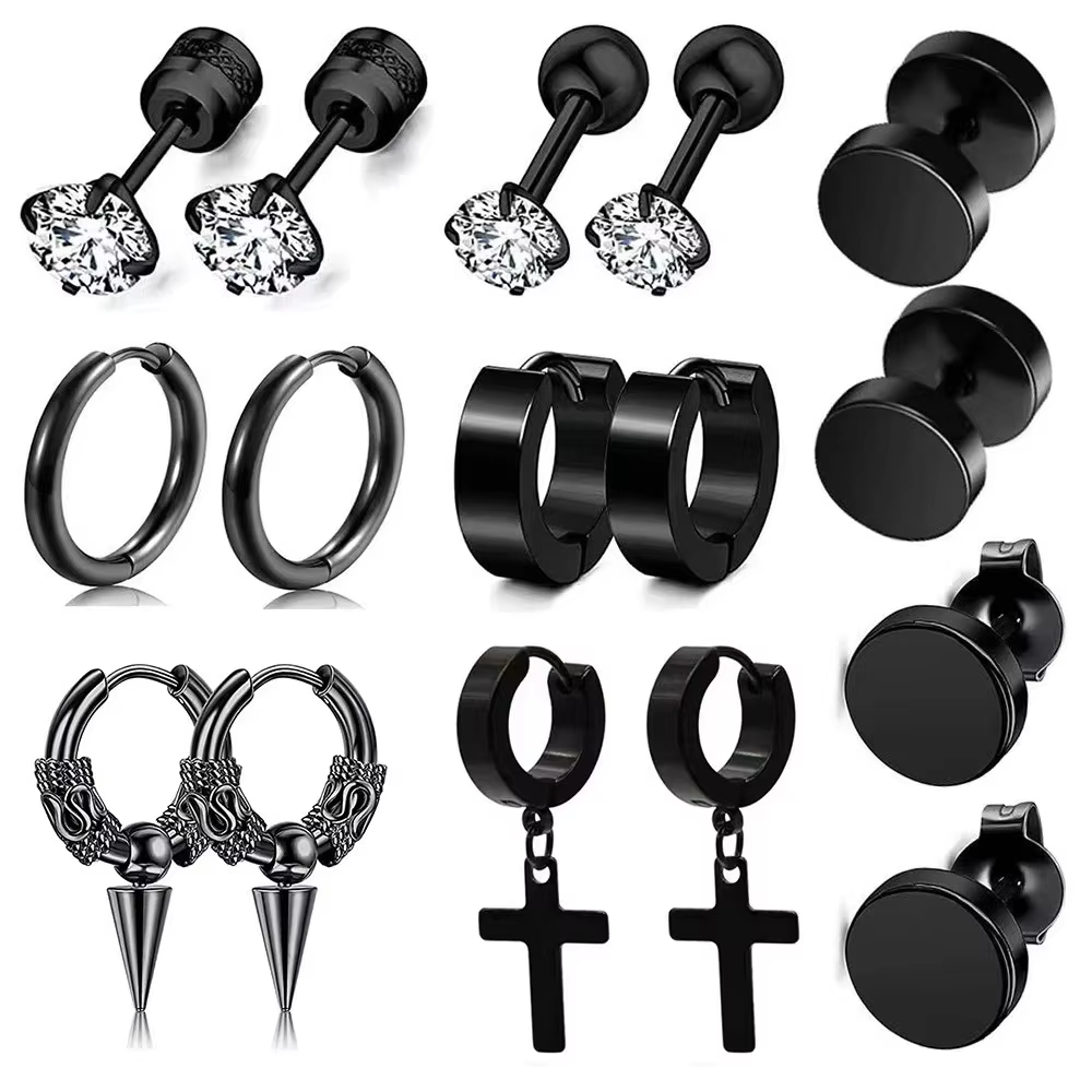 Wholesale Bulk Unisex Stainless Steel Piercing Jewellery Trendy Zircon Cross Drop Stud Hoop Earrings Set for Men Women