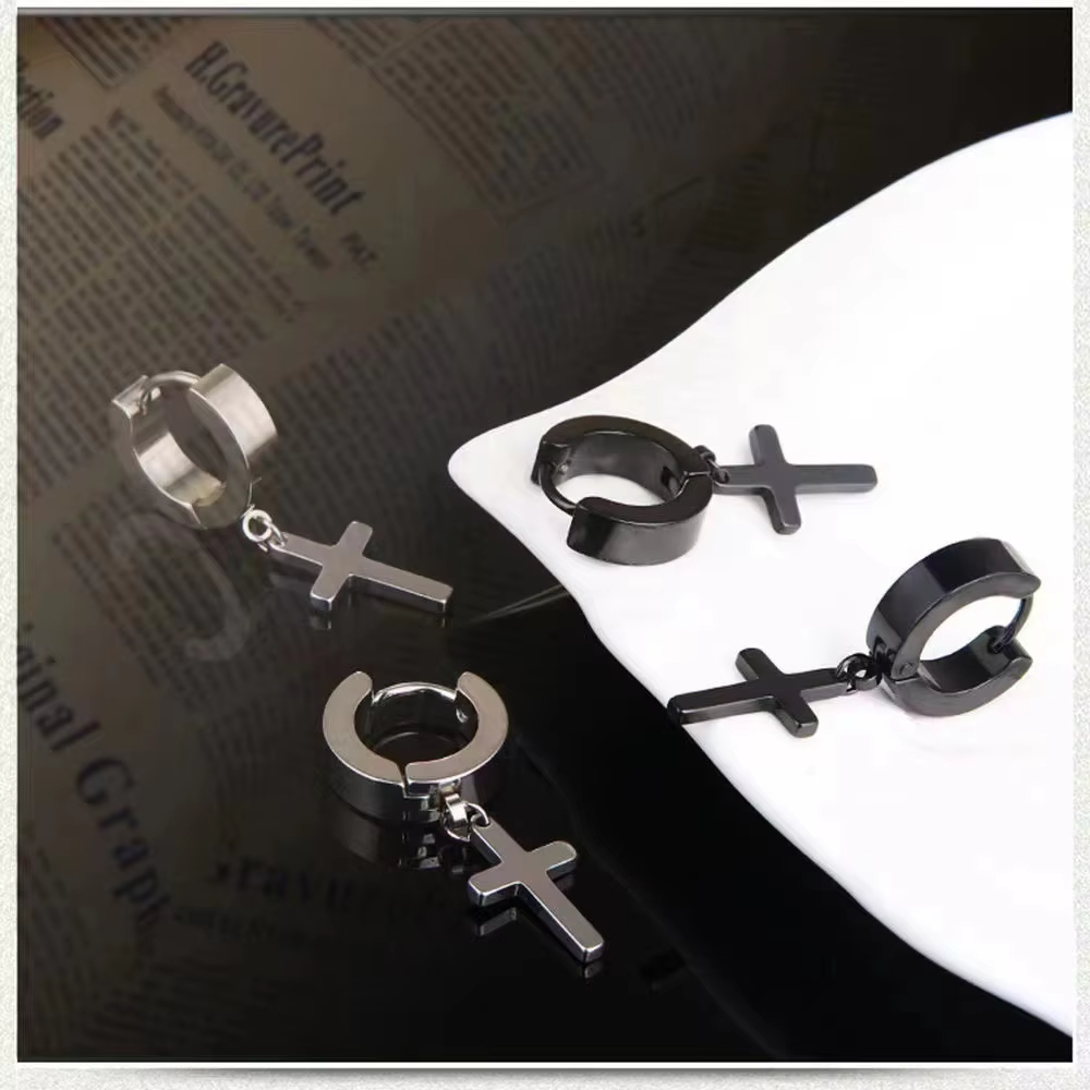 Wholesale Bulk Unisex Stainless Steel Piercing Jewellery Trendy Zircon Cross Drop Stud Hoop Earrings Set for Men Women