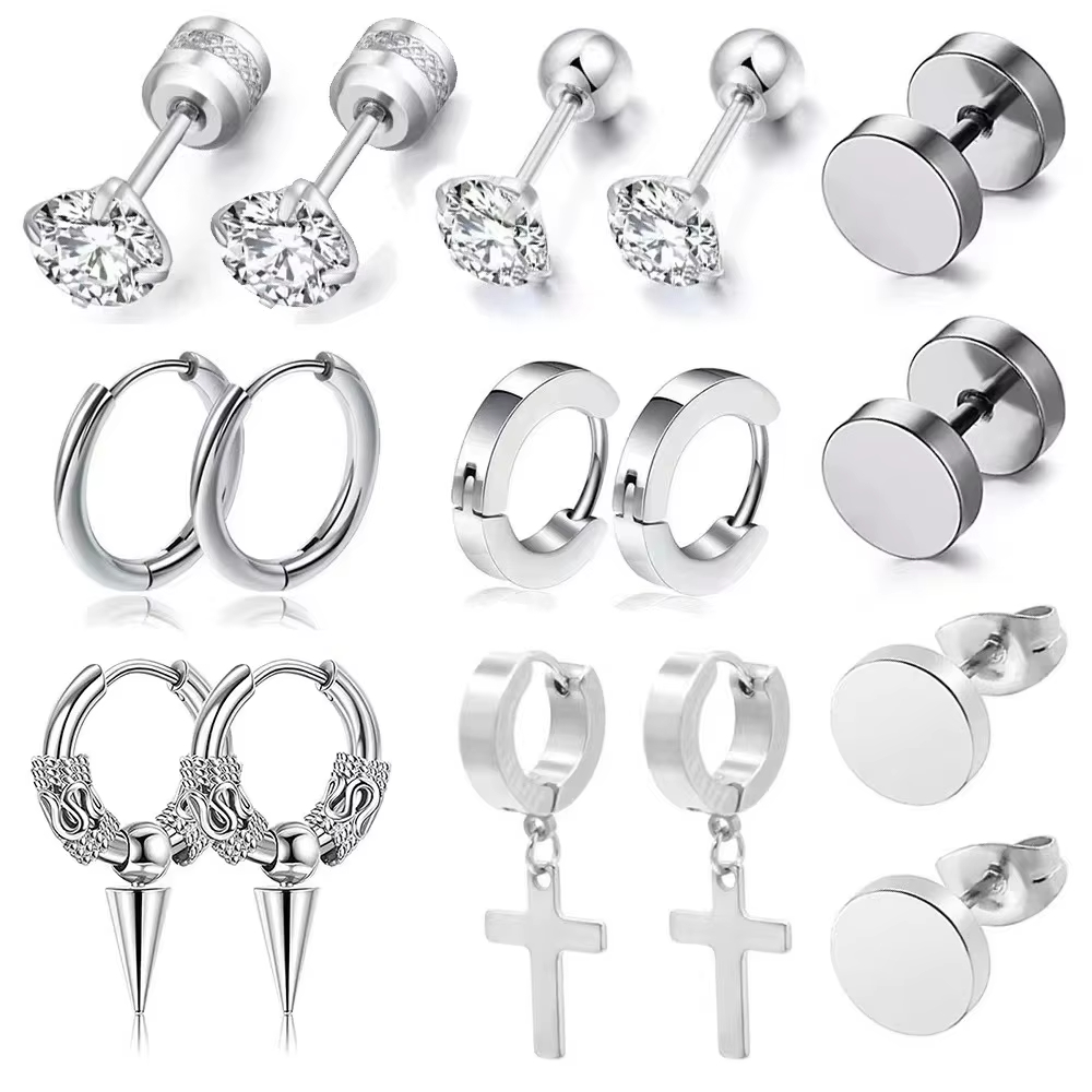 Wholesale Bulk Unisex Stainless Steel Piercing Jewellery Trendy Zircon Cross Drop Stud Hoop Earrings Set for Men Women