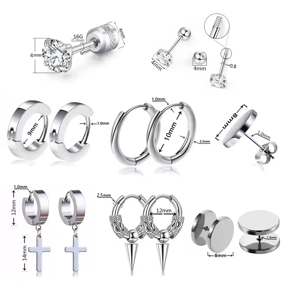 Wholesale Bulk Unisex Stainless Steel Piercing Jewellery Trendy Zircon Cross Drop Stud Hoop Earrings Set for Men Women