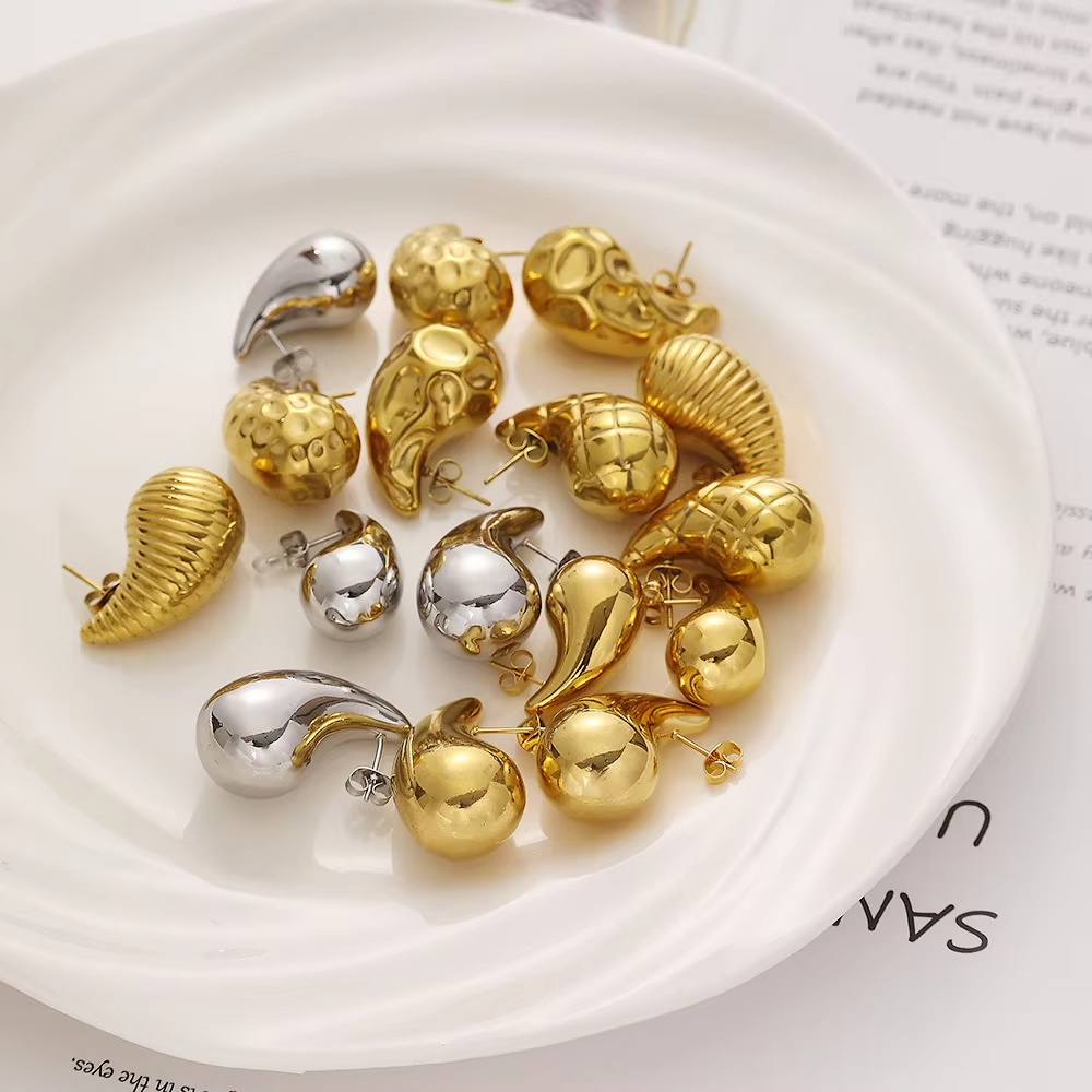 Wholesale Custom Fashion Jewelry 18K Gold Plated Stainless Steel Striped and Smooth Water Drop Stud Earrings Sets for Women