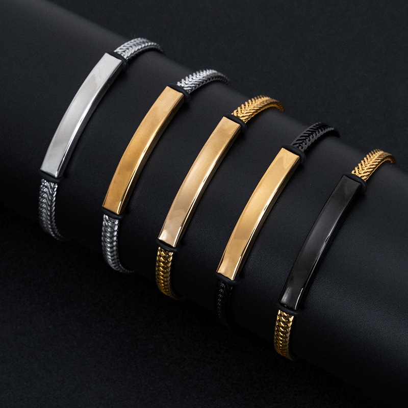 Wholesale Customizable 18K Gold Plated Stainless Steel Chain Link Bracelet Hip-hop Blank Engraved Bar Bangles Jewelry for Men