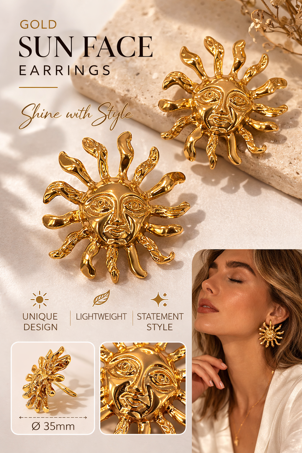 Vintage Gold Sun Face Statement Earrings – Artistic Sunburst Women’s Fashion Jewelry