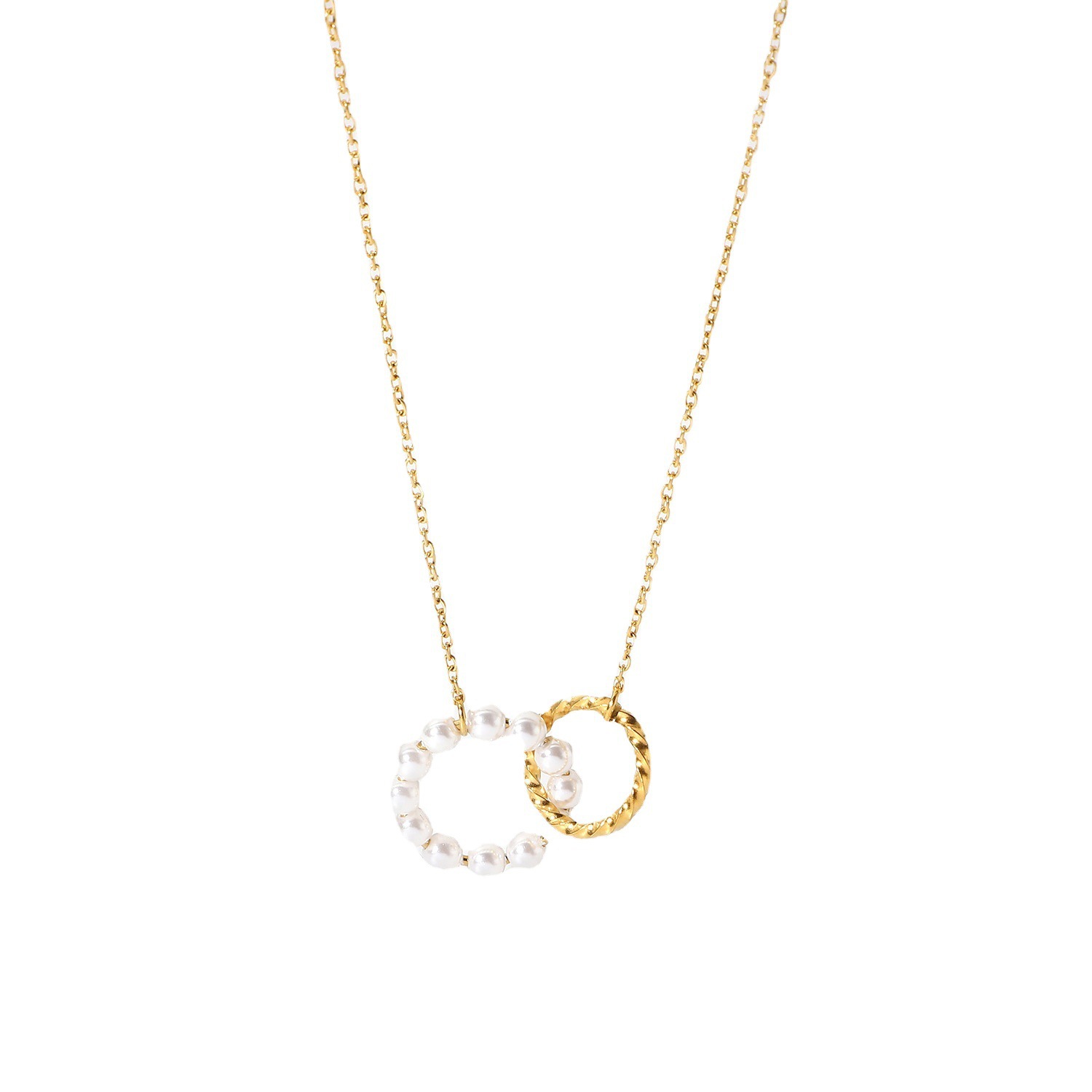 Wholesale Fashion Double Circle White Pearl 18k Gold Stainless Steel Pendant Necklace for Wome