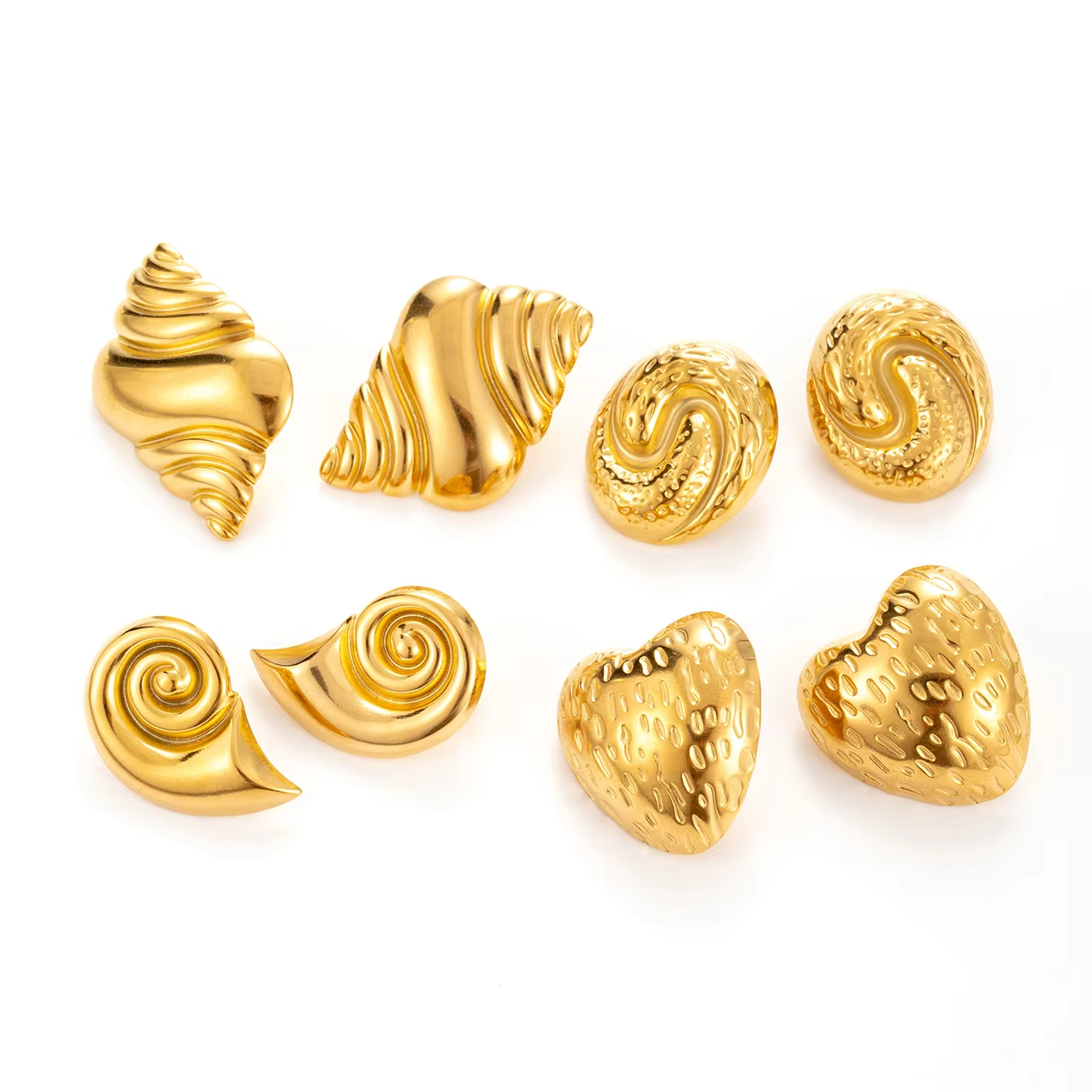 Wholesale Gold Stainless Steel Chunky Strawberry Heart Texture Spiral Conch Stud Earrings for Women