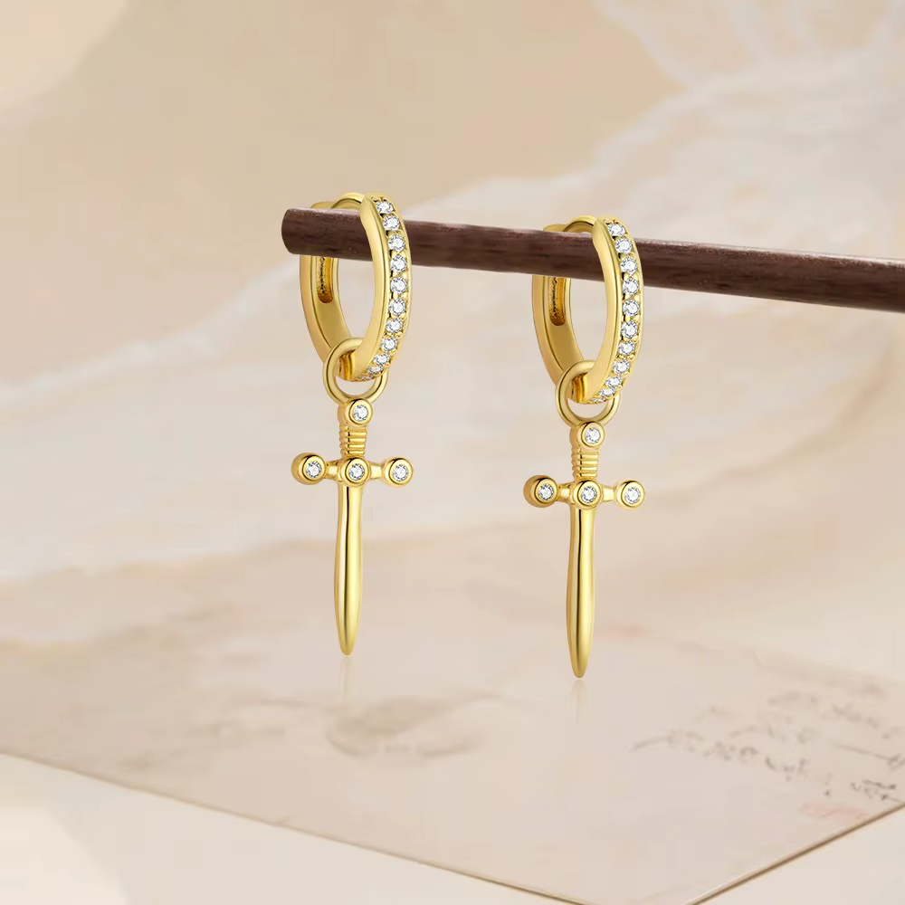 Wholesale S925 Sterling Silver Dagger Luxury 18K Gold-Plated Cross Zirconia Hoop Earrings