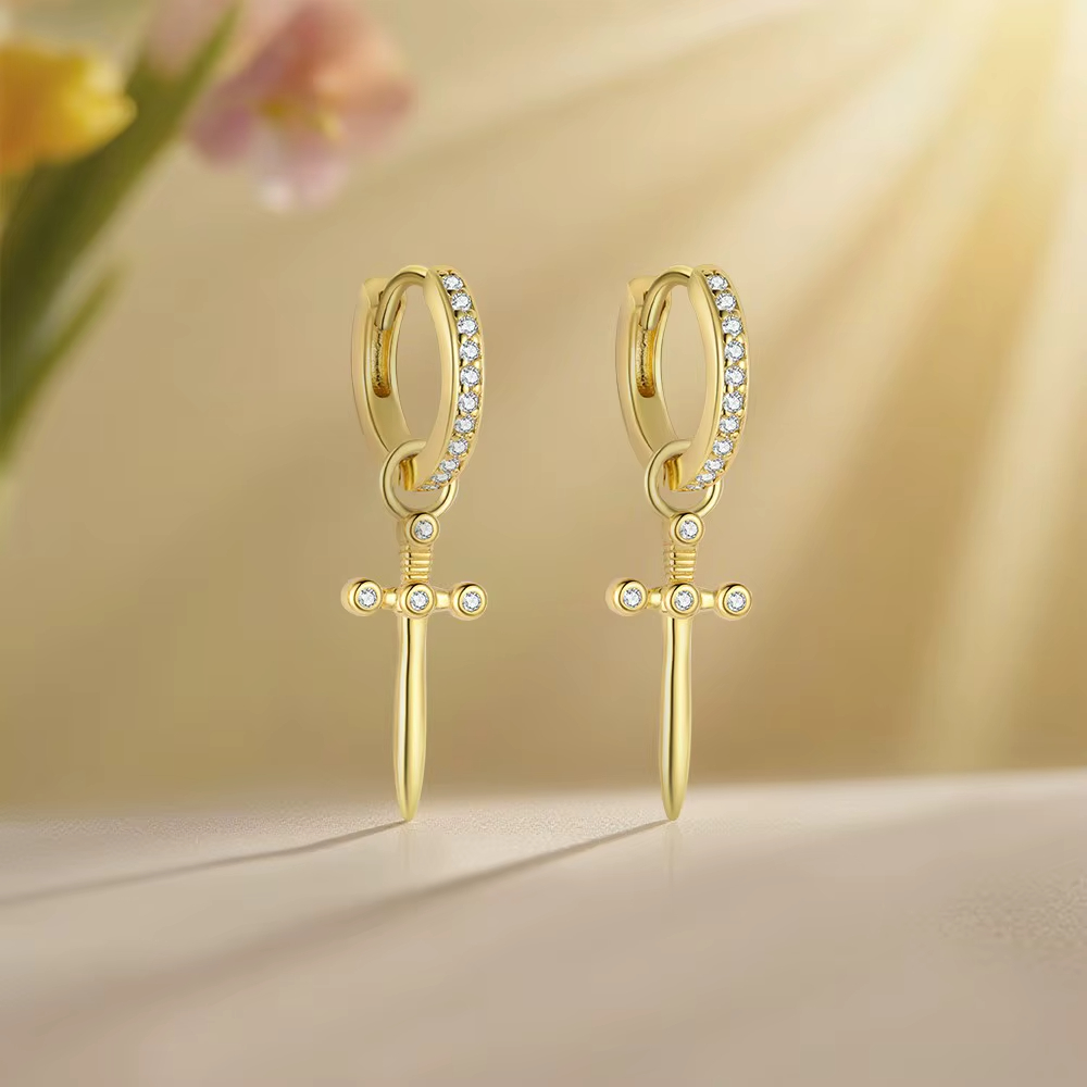 Wholesale S925 Sterling Silver Dagger Luxury 18K Gold-Plated Cross Zirconia Hoop Earrings