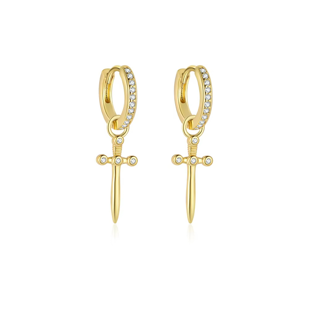 Wholesale S925 Sterling Silver Dagger Luxury 18K Gold-Plated Cross Zirconia Hoop Earrings