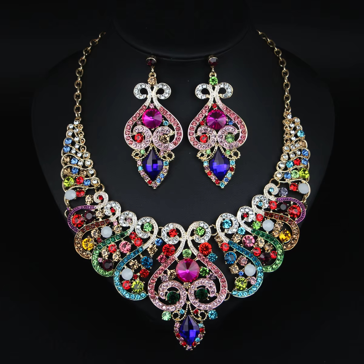 Wholesale Vintage Indian Full Bridal Jewelry Sets for Women, Multiple Rhinestone Necklace/Earrings ,fashion Wedding Accessories