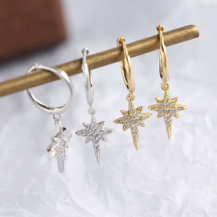 Wholesale Zircon David of Star Earring, Starburst CZ Diamond Hoop Earrings Women 925 Silver Jewelry Rhodium Gold Plated Earrings