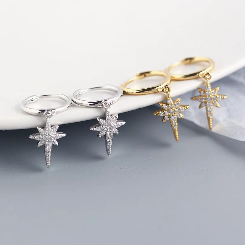 Wholesale Zircon David of Star Earring, Starburst CZ Diamond Hoop Earrings Women 925 Silver Jewelry Rhodium Gold Plated Earrings