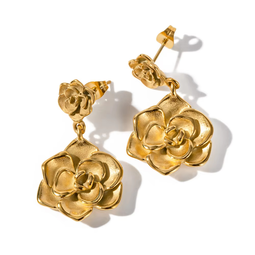 Wholesales No Fading Water Proof Rose Flower Petal Drop Earrings Stainless Steel Luxury Elegant Jewelry for Women