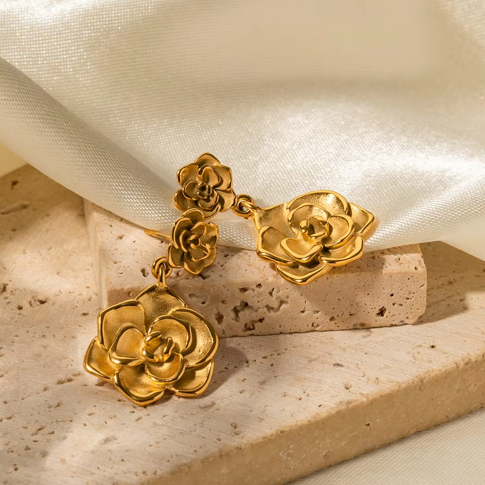 Wholesales No Fading Water Proof Rose Flower Petal Drop Earrings Stainless Steel Luxury Elegant Jewelry for Women