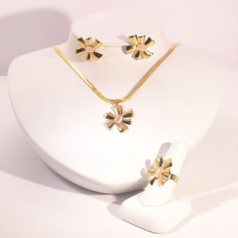 Stainless Steel Flower Jewelry Sets Gold Floral Necklace Earrings Ring Elegant Women Jewelry Sets Gift