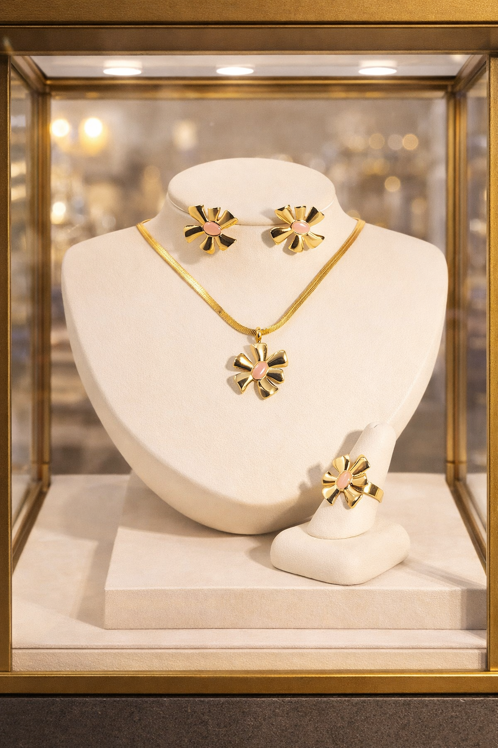 Stainless Steel Flower Jewelry Sets Gold Floral Necklace Earrings Ring Elegant Women Jewelry Sets Gift