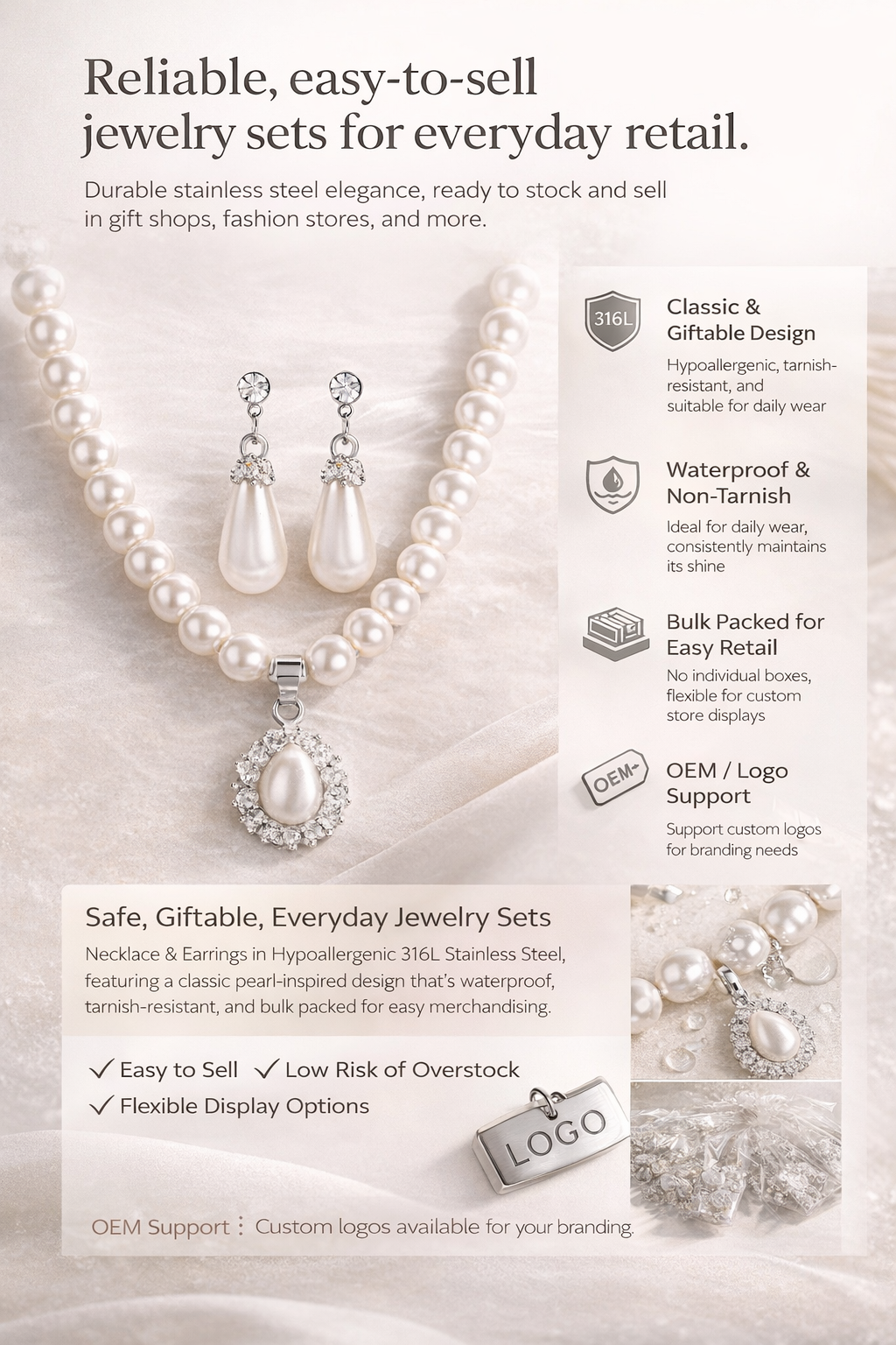 Elegant Pearl Stainless Steel Jewelry Necklace Set with Drop Earrings Luxury Stainless Steel Jewelry Set for Women