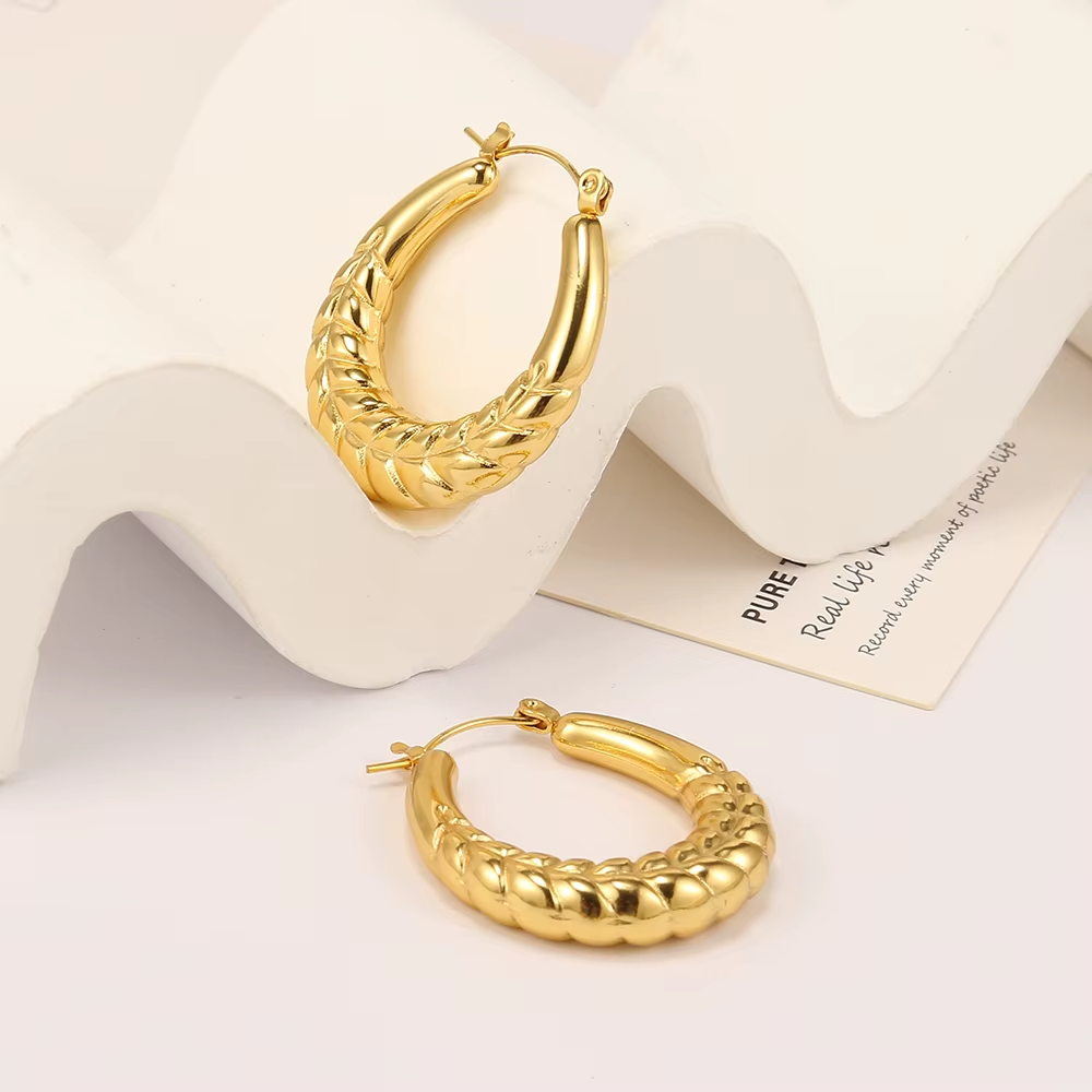 Women's Stainless Steel Gold Plated Braided Hoop Earrings, Trendy Textured Statement Earrings, Fashion Anti-Tarnish Jewelry