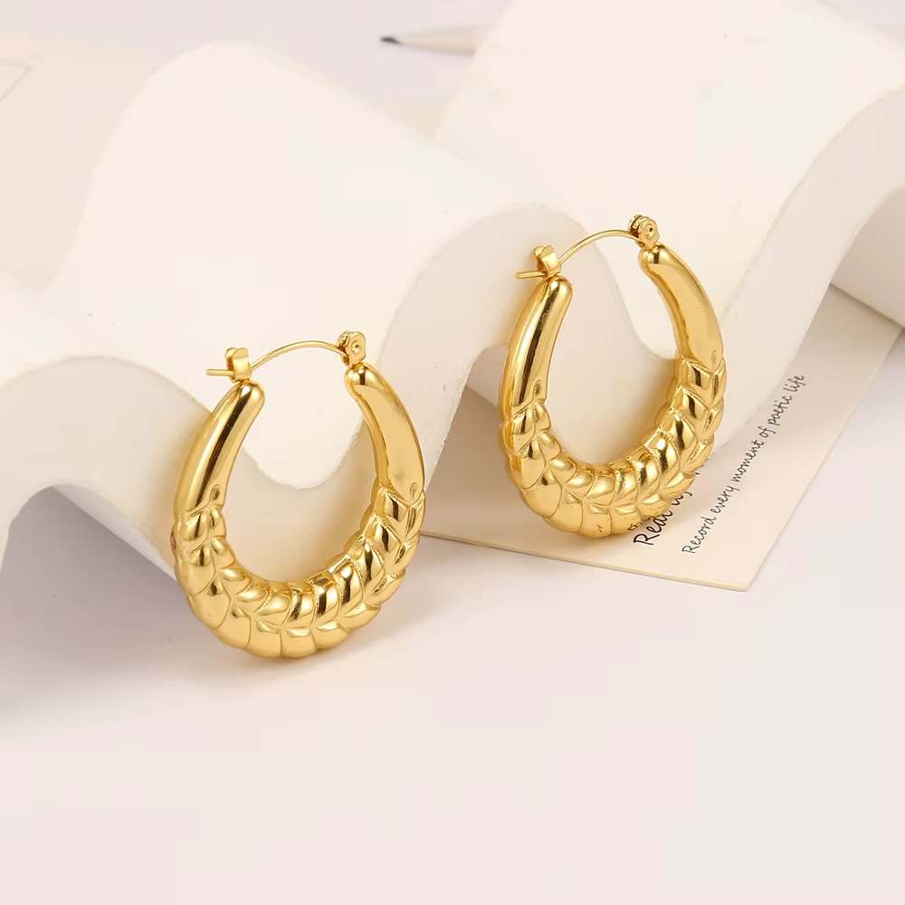 Women's Stainless Steel Gold Plated Braided Hoop Earrings, Trendy Textured Statement Earrings, Fashion Anti-Tarnish Jewelry