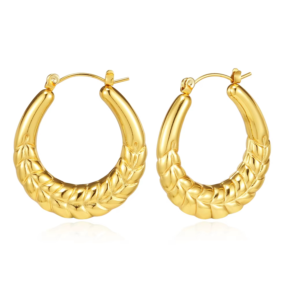 Women's Stainless Steel Gold Plated Braided Hoop Earrings, Trendy Textured Statement Earrings, Fashion Anti-Tarnish Jewelry
