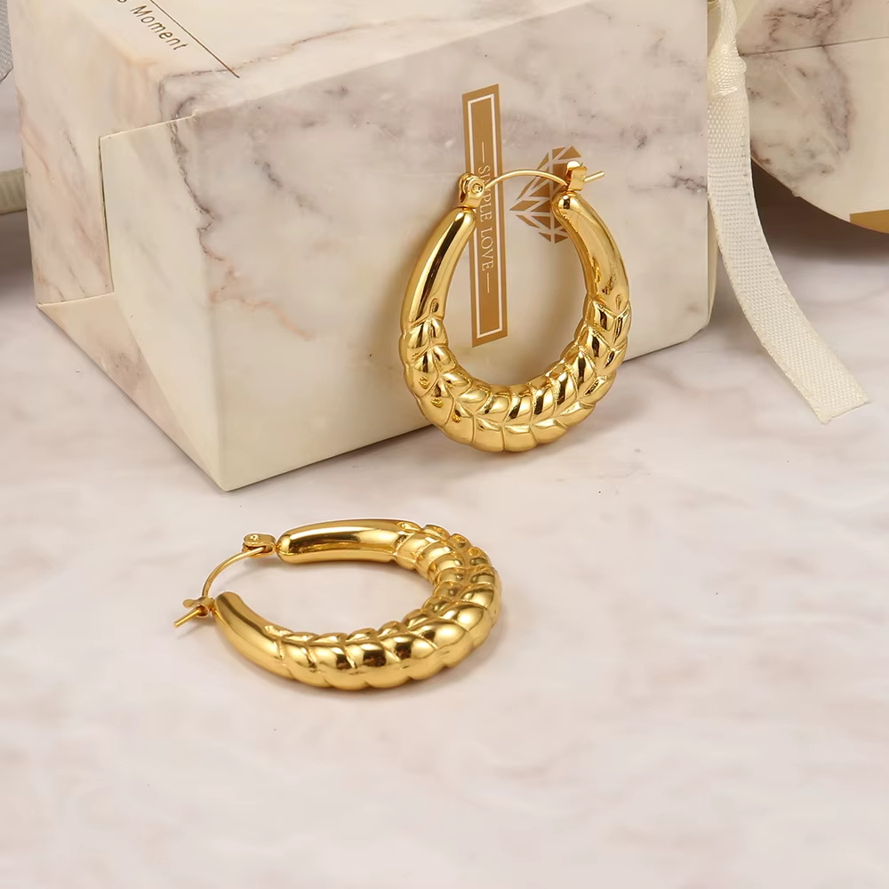 Women's Stainless Steel Gold Plated Braided Hoop Earrings, Trendy Textured Statement Earrings, Fashion Anti-Tarnish Jewelry