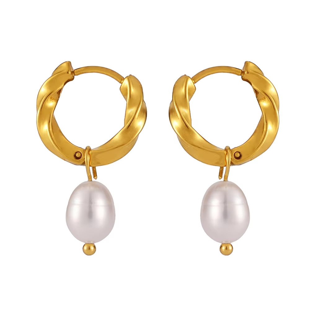 Women's Trending Fashion 18K Gold Stud Earrings with Stainless Steel Twist Buckle Natural Freshwater Pearl for Gift