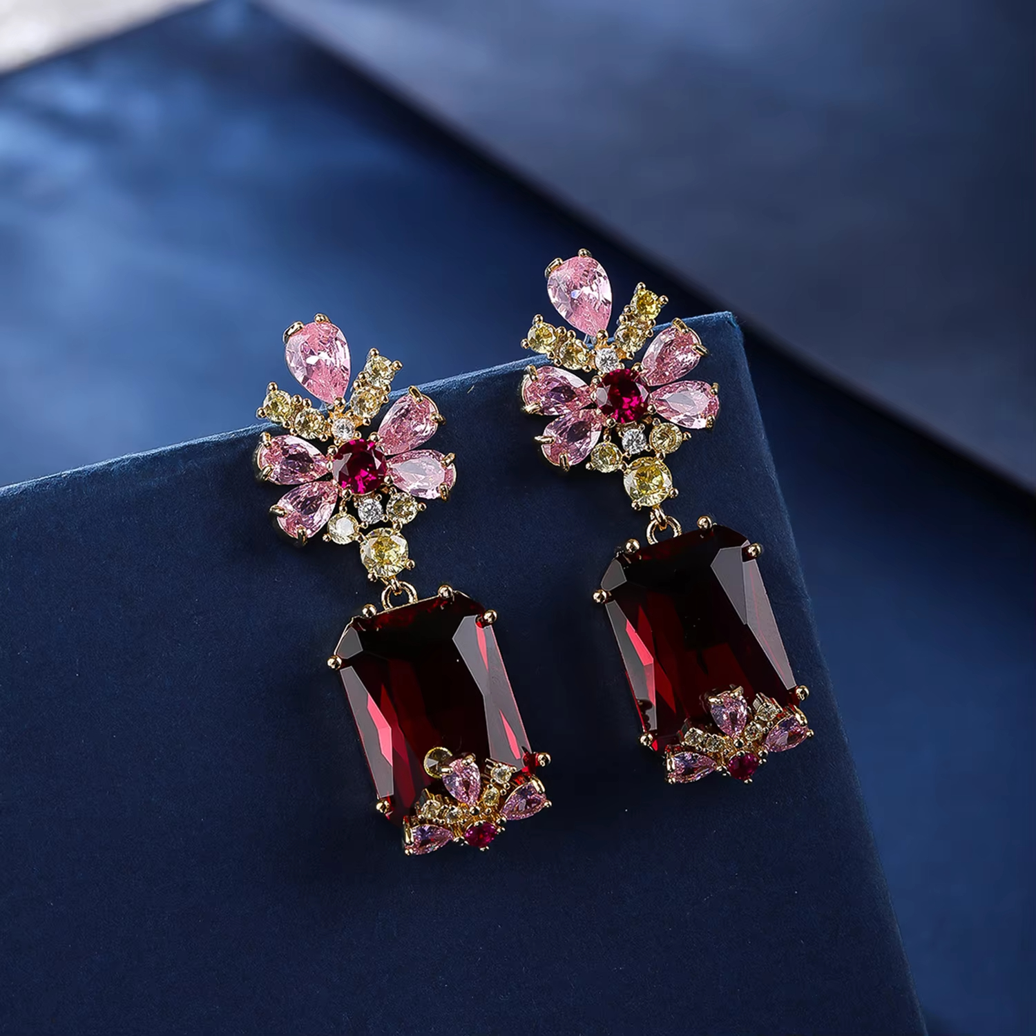 Women's Trendy Brass Imitation Rhodium Plated Cubic Zircon Flower Stud Geometric Princess Cut Drop Earrings for Bridal Parties