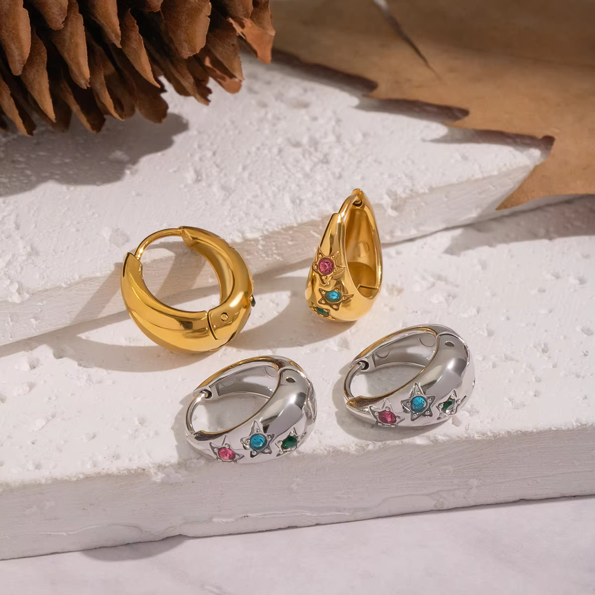 Women's Vintage 18K Gold Plated Customized Zircon Chunky Earrings Waterproof Big Ear Studs Non-Allergic Stainless U Earrings