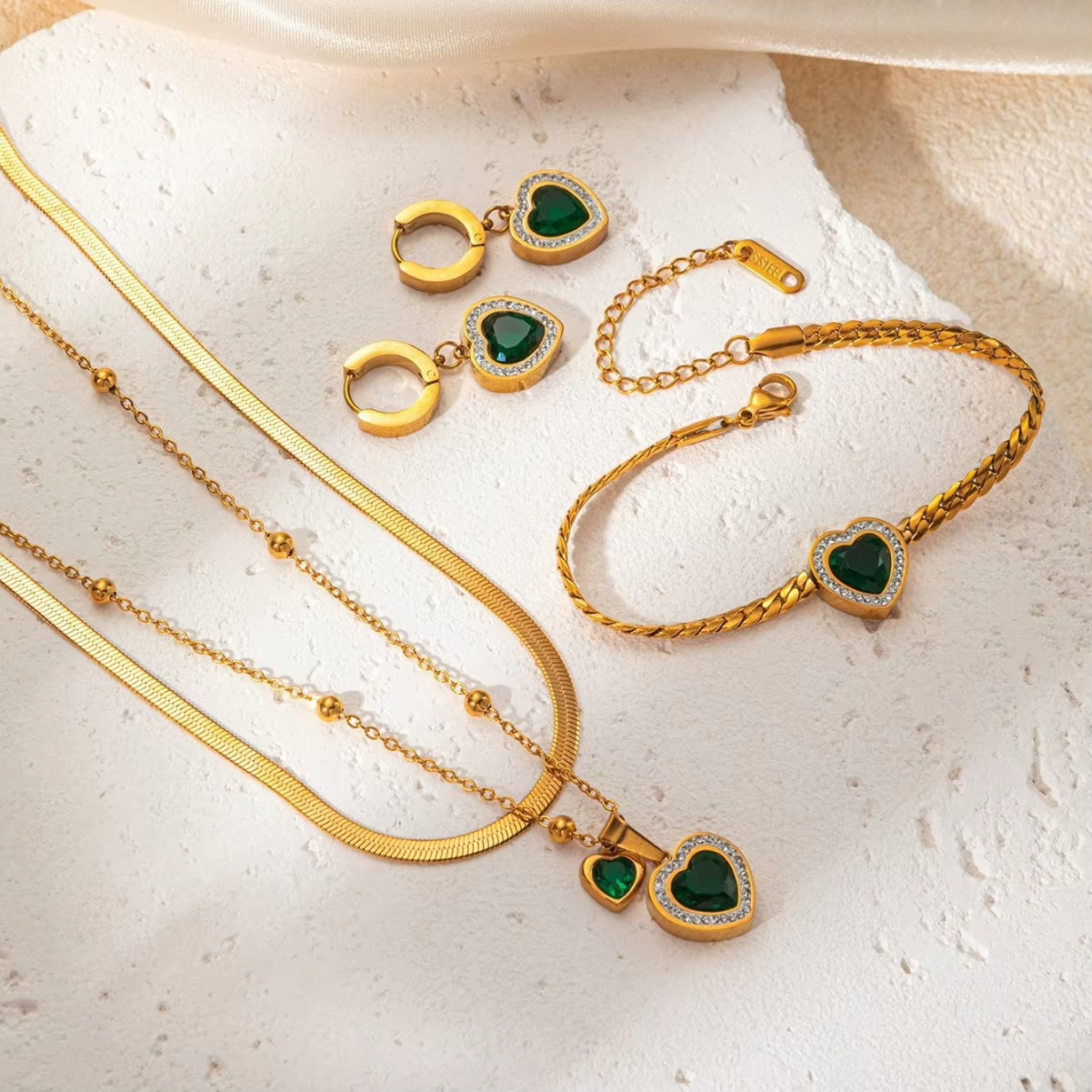 Women Dainty jewelry Set Stainless Steel 24K Gold Plated Zirconia layered Pendant Necklace Earrings Bracelet jewelry gift