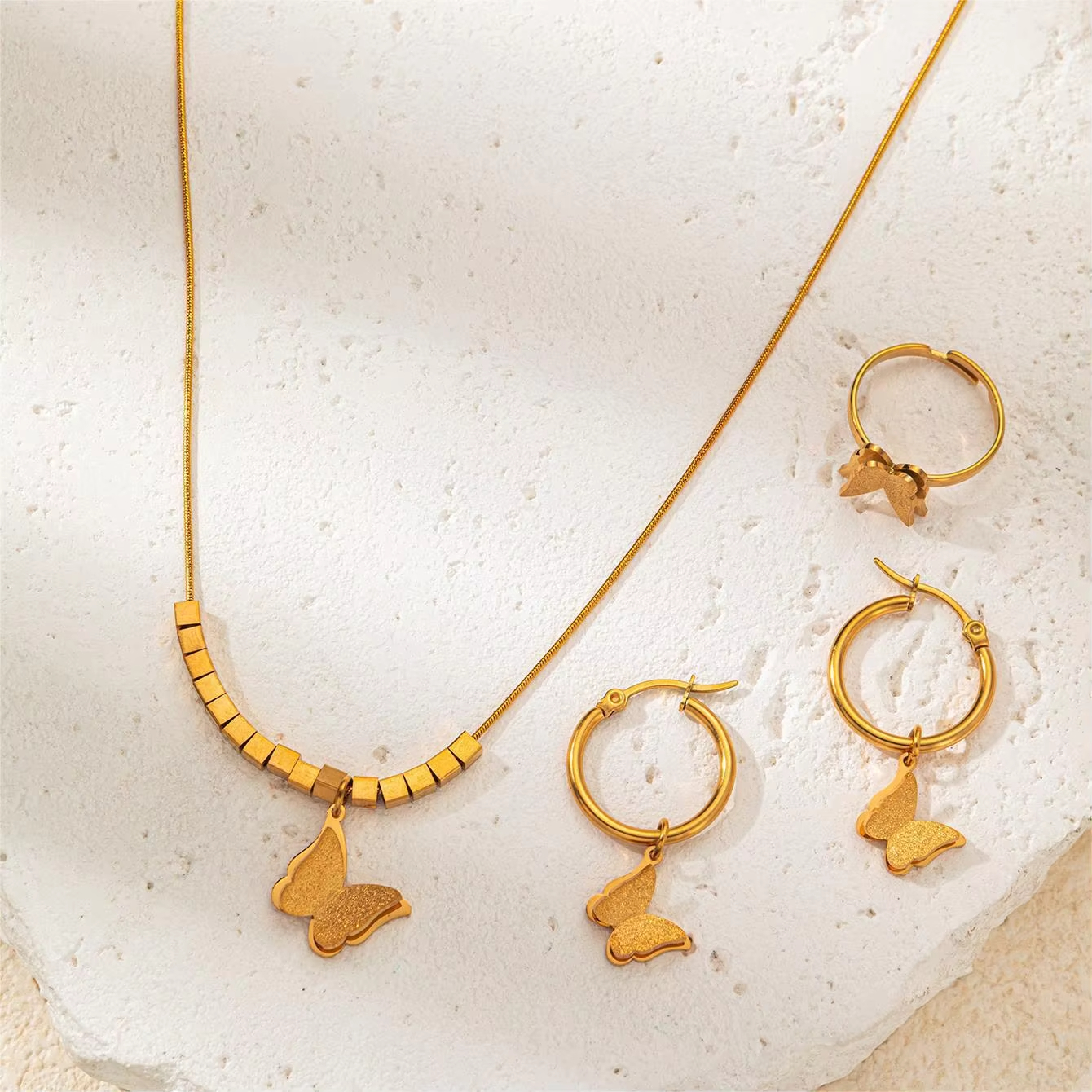 Women Dainty jewelry Set Stainless Steel 24K Gold Plated Zirconia layered Pendant Necklace Earrings Bracelet jewelry gift