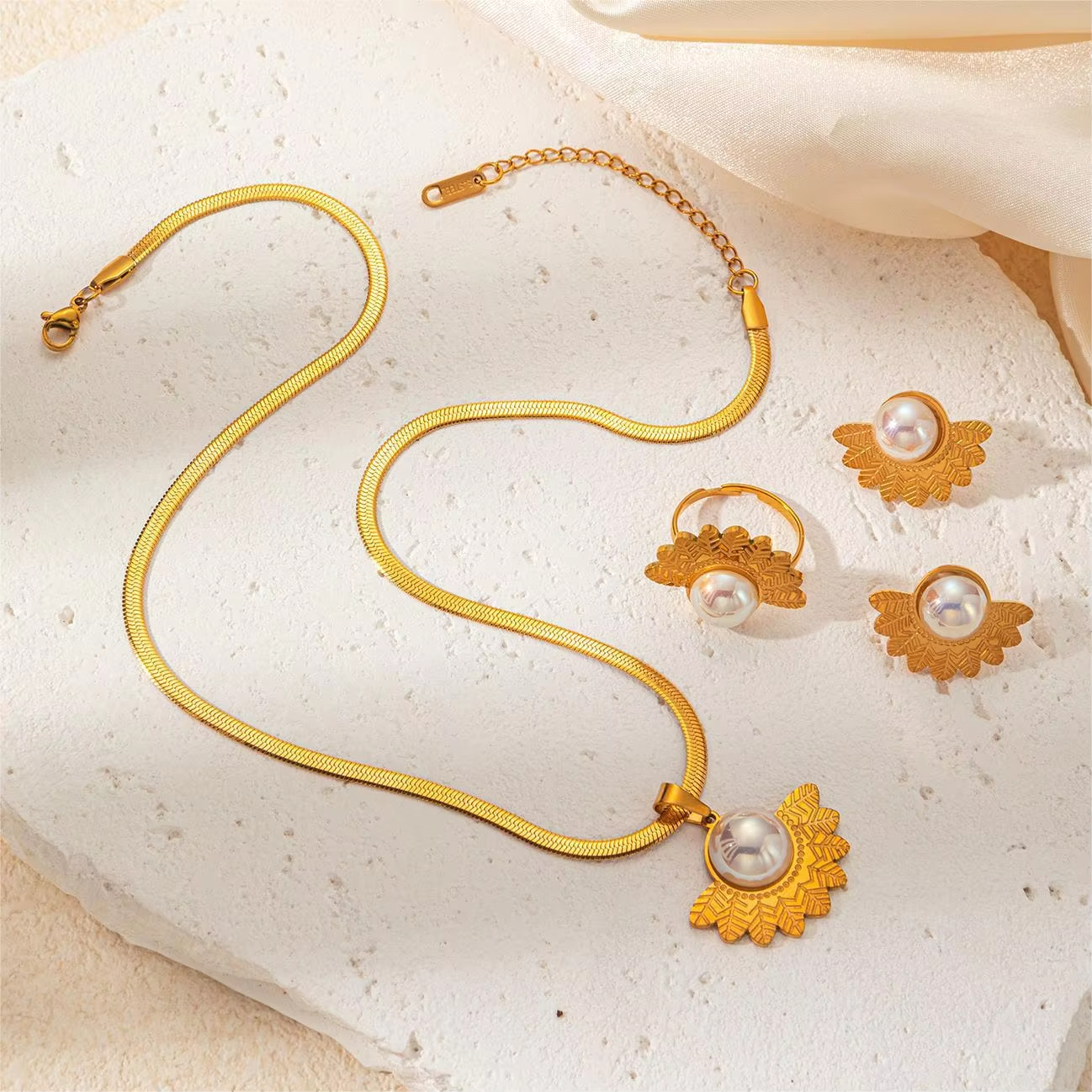 Women Dainty jewelry Set Stainless Steel 24K Gold Plated Zirconia layered Pendant Necklace Earrings Bracelet jewelry gift