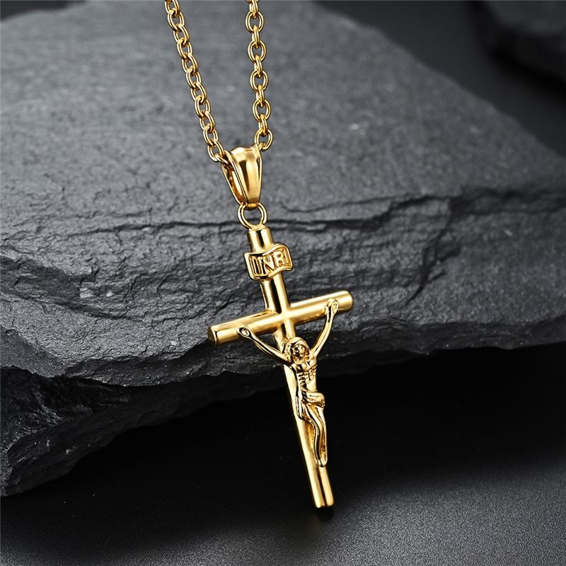 Zircon Stainless Steel Cross Necklace Fashion Gold Silver Jesus Pendant Chain Jewelry for Men Women Wholesale
