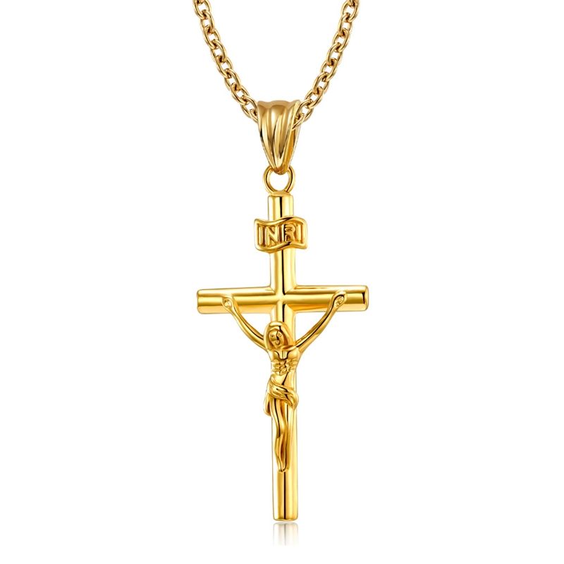 Zircon Stainless Steel Cross Necklace Fashion Gold Silver Jesus Pendant Chain Jewelry for Men Women Wholesale