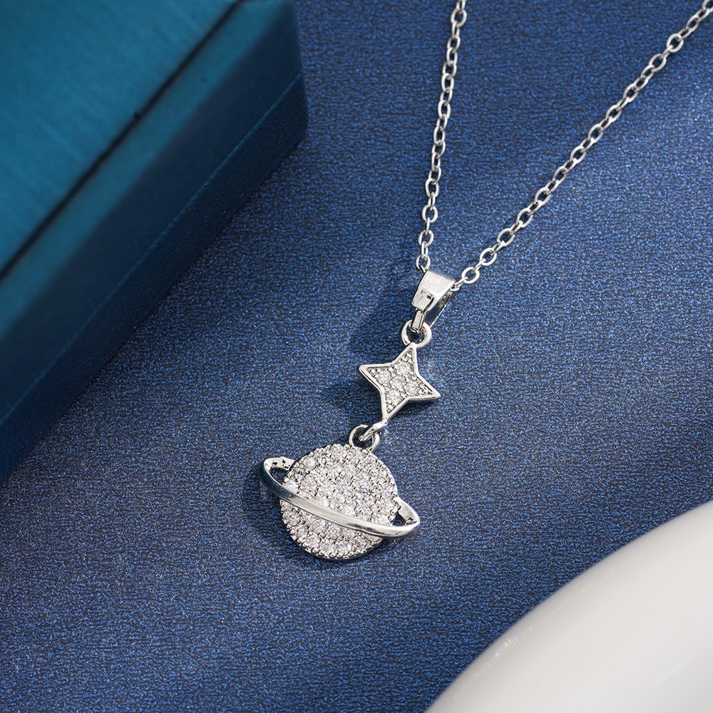 Zircon Star Planet Pendant Necklace – New Design Sparkling Silver-Tone Chain Jewelry for Women