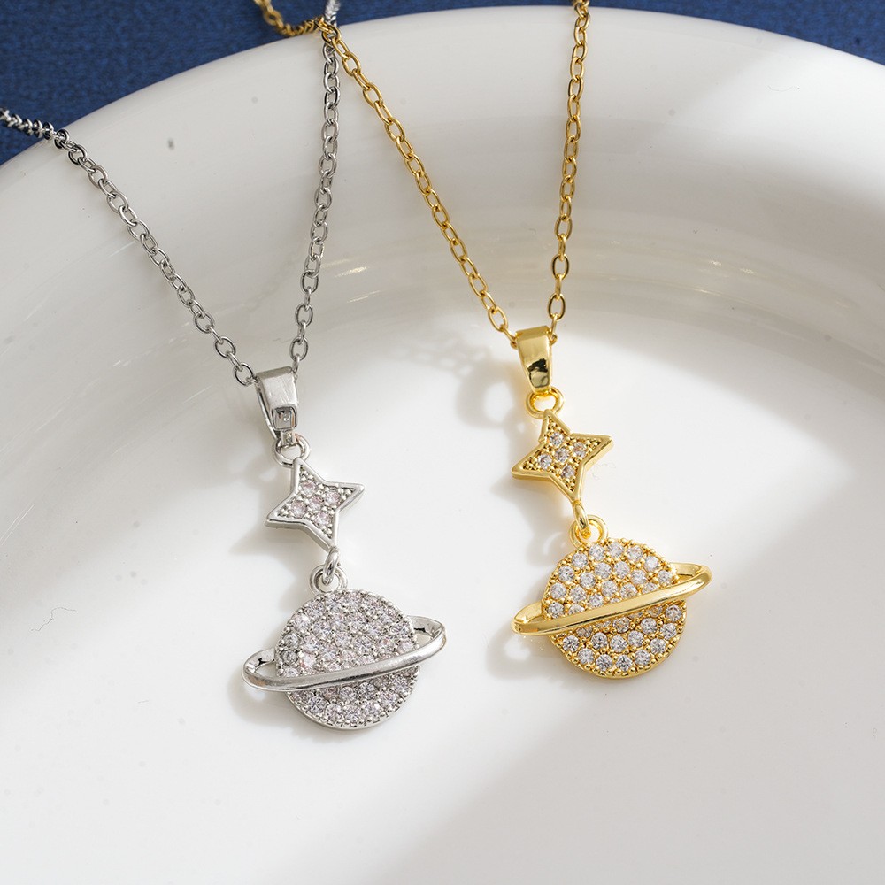 Zircon Star Planet Pendant Necklace – New Design Sparkling Silver-Tone Chain Jewelry for Women