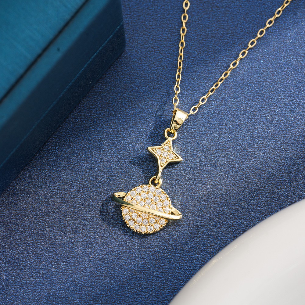 Zircon Star Planet Pendant Necklace – New Design Sparkling Silver-Tone Chain Jewelry for Women