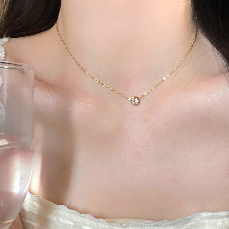 Dainty Solitaire Diamond Pendant Necklace – Titanium Steel Gold Chain Jewelry for Women