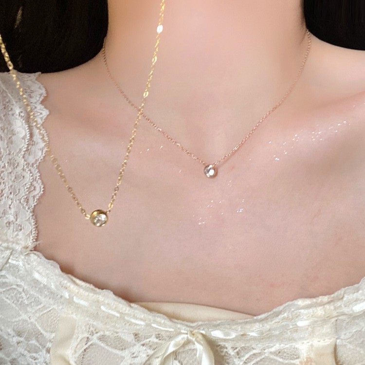 Dainty Solitaire Diamond Pendant Necklace – Titanium Steel Gold Chain Jewelry for Women