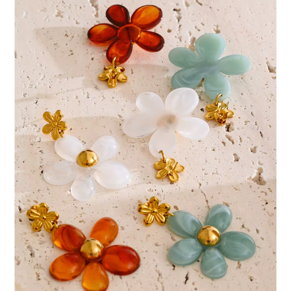 Vintage Autumn Style Amber Resin Flower Dangle Earrings Stainless Steel Gold Plated Flower Earrings for Women