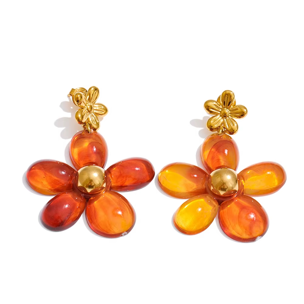 Vintage Autumn Style Amber Resin Flower Dangle Earrings Stainless Steel Gold Plated Flower Earrings for Women