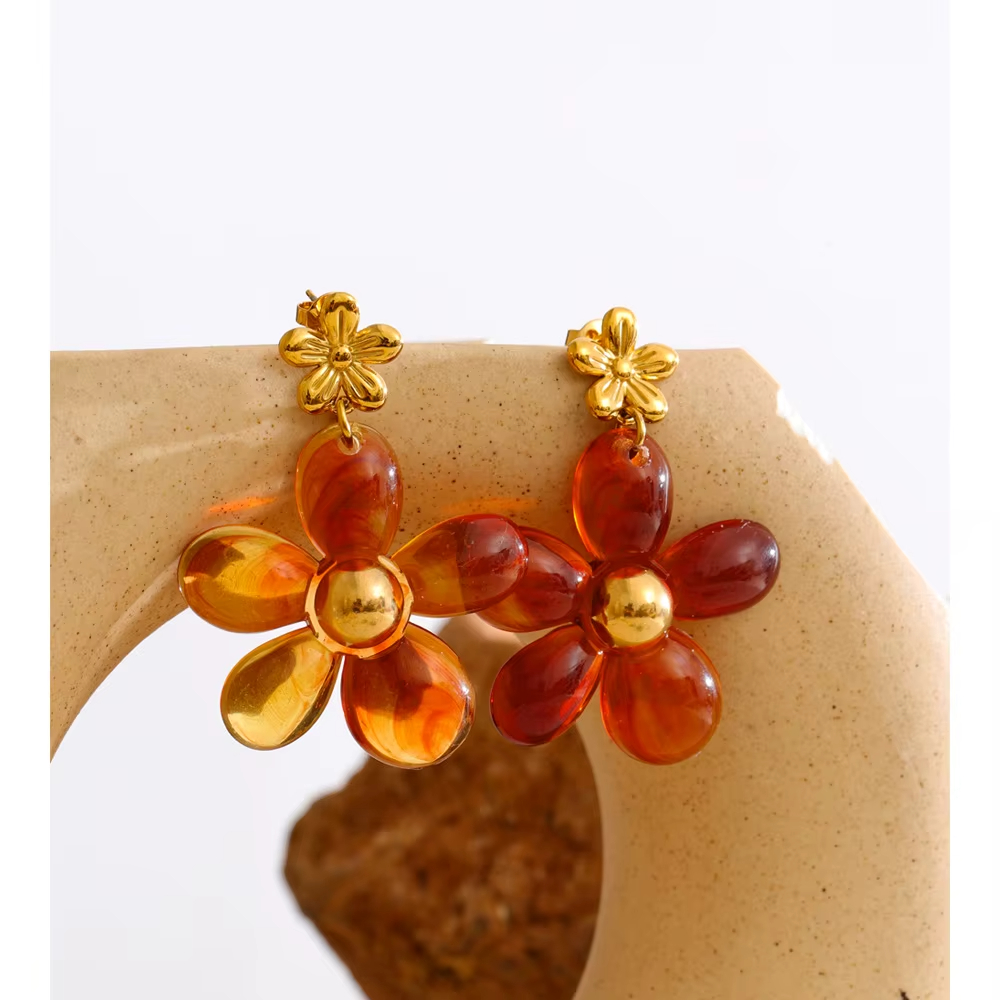 Vintage Autumn Style Amber Resin Flower Dangle Earrings Stainless Steel Gold Plated Flower Earrings for Women