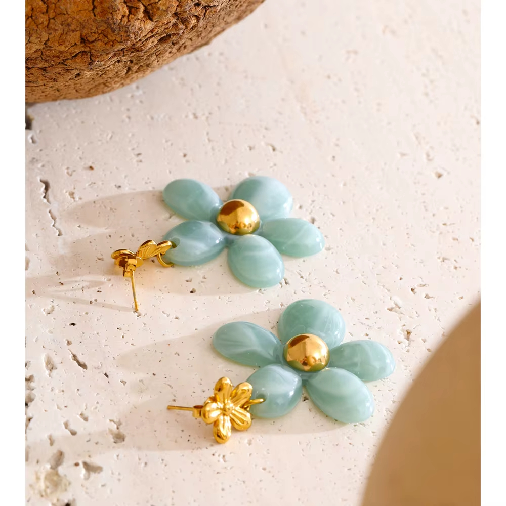 Vintage Autumn Style Amber Resin Flower Dangle Earrings Stainless Steel Gold Plated Flower Earrings for Women
