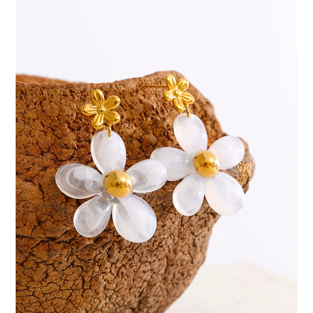 Vintage Autumn Style Amber Resin Flower Dangle Earrings Stainless Steel Gold Plated Flower Earrings for Women